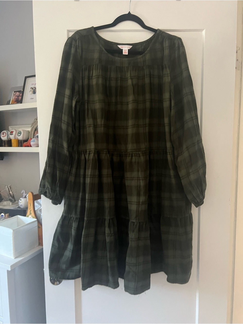 Joe Fresh Olive Green Plaid Tiered Midi Dress
